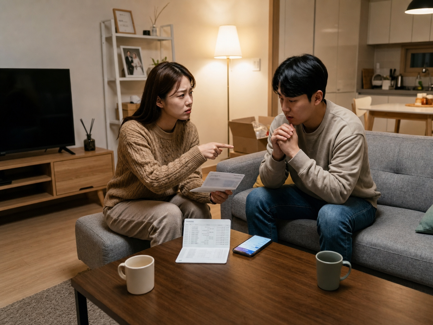 저녁 거실에서 마주 앉아 대화하는 부부