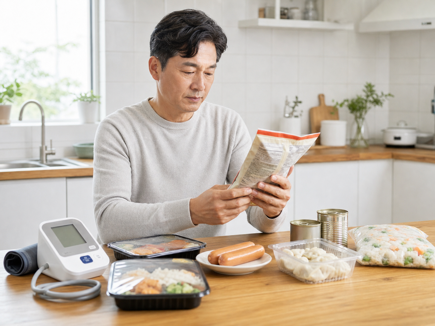 가공식품 라벨을 읽고 있는 중년 남성과 식탁 위 가공식품, 혈압계